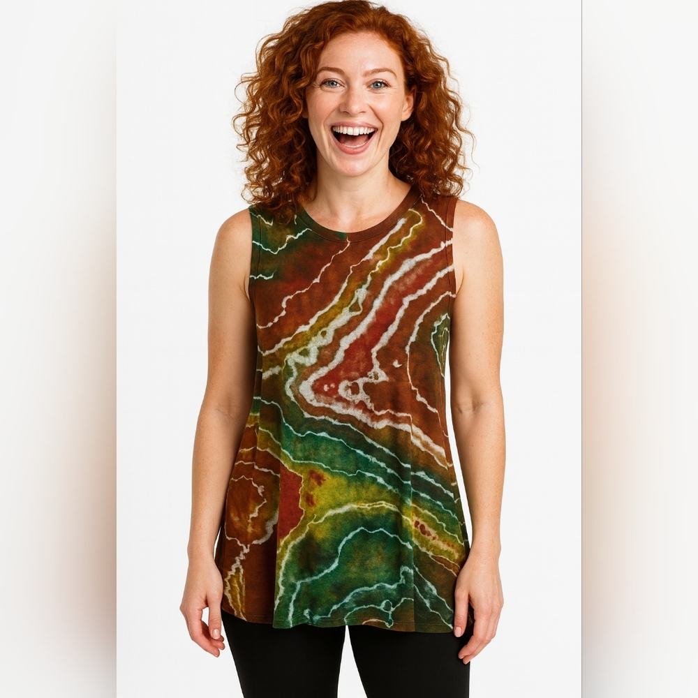 BEAN SPROUT Ladies Sleeveless Tunic Large Tie Dye Geode Style Stretchy Tank